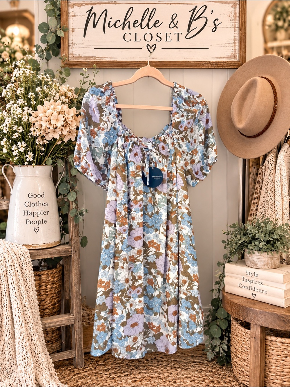mittoshop Floral Puff-Sleeve Dress in Blue and Brown